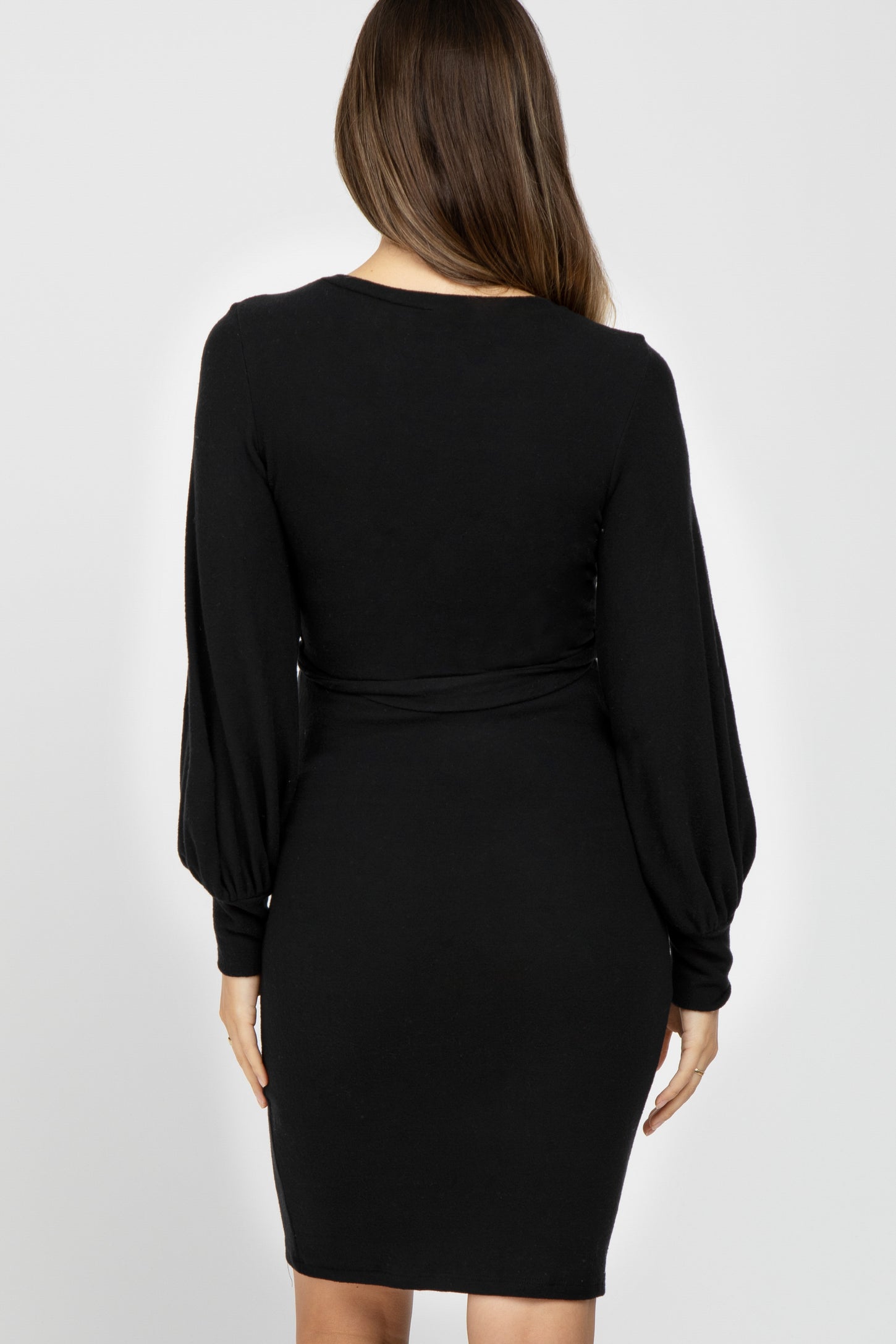 Black Soft Brushed Waist Tie Bubble Sleeve Maternity Dress