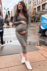 Light Olive V-Neck Long Sleeve Fitted Maternity Maxi Dress