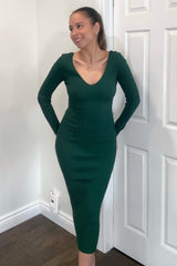 Forest Green V-Neck Long Sleeve Fitted Maxi Dress