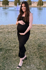 Black Satin Smocked Fitted Maternity Midi Dress