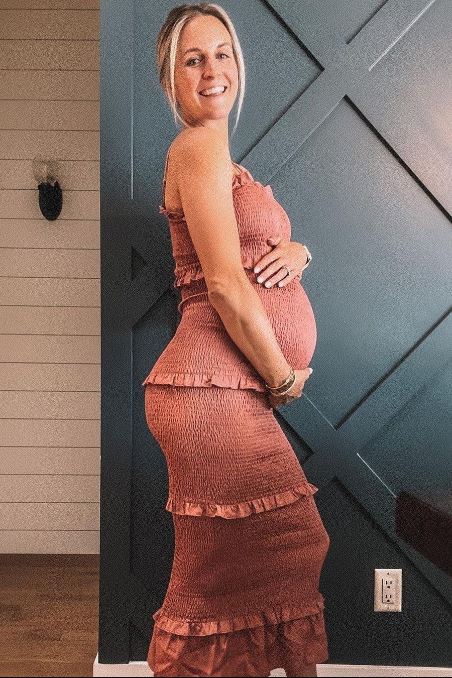 Mauve Satin Smocked Fitted Maternity Midi Dress