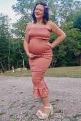 Mauve Satin Smocked Fitted Maternity Midi Dress