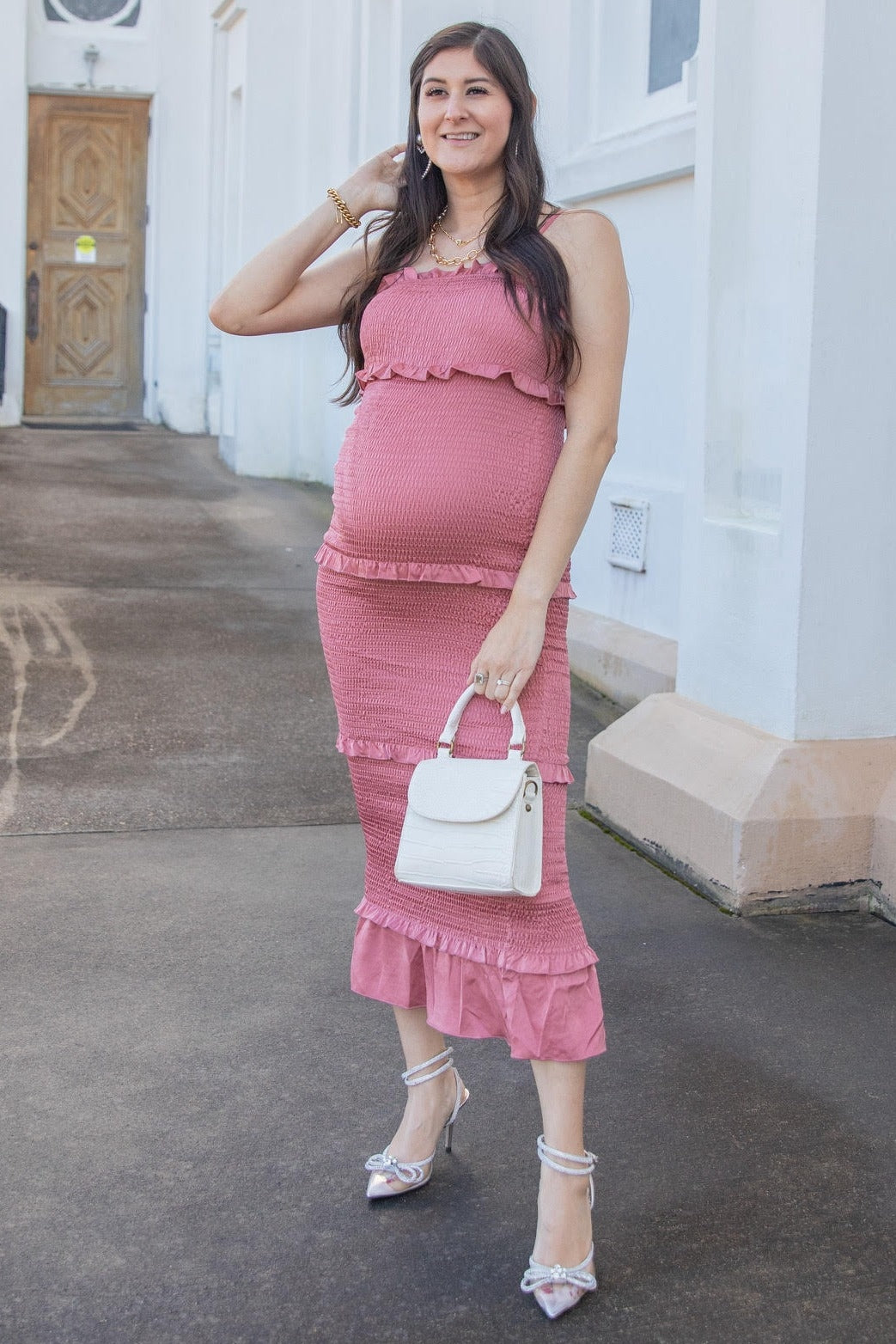 Mauve Satin Smocked Fitted Maternity Midi Dress