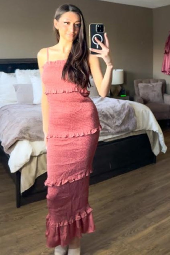 Mauve Satin Smocked Fitted Midi Dress