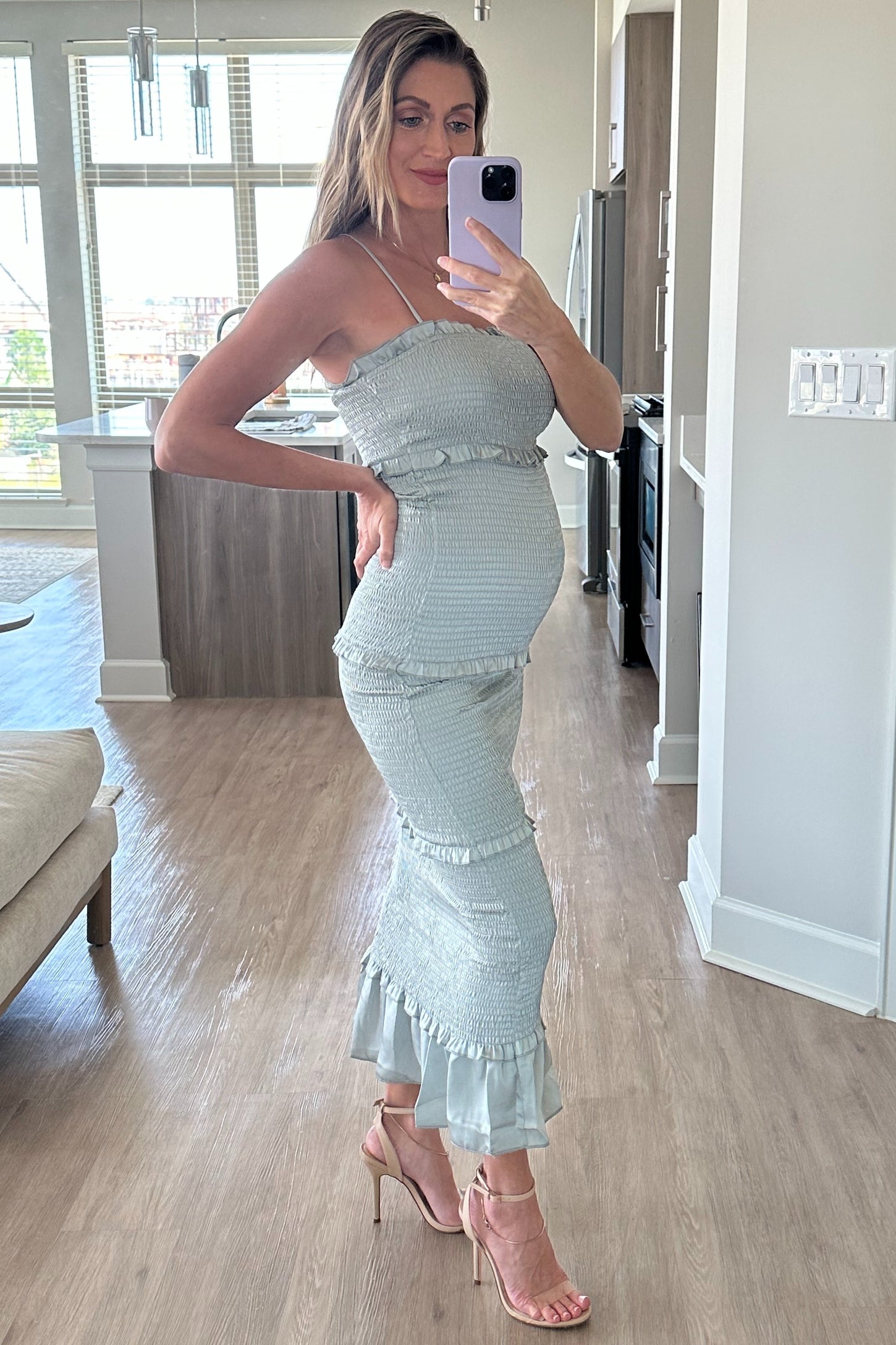 Sage Satin Smocked Fitted Maternity Midi Dress