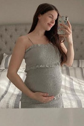 Sage Satin Smocked Fitted Maternity Midi Dress