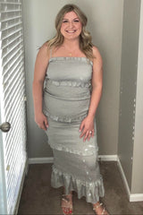 Sage Satin Smocked Fitted Maternity Midi Dress