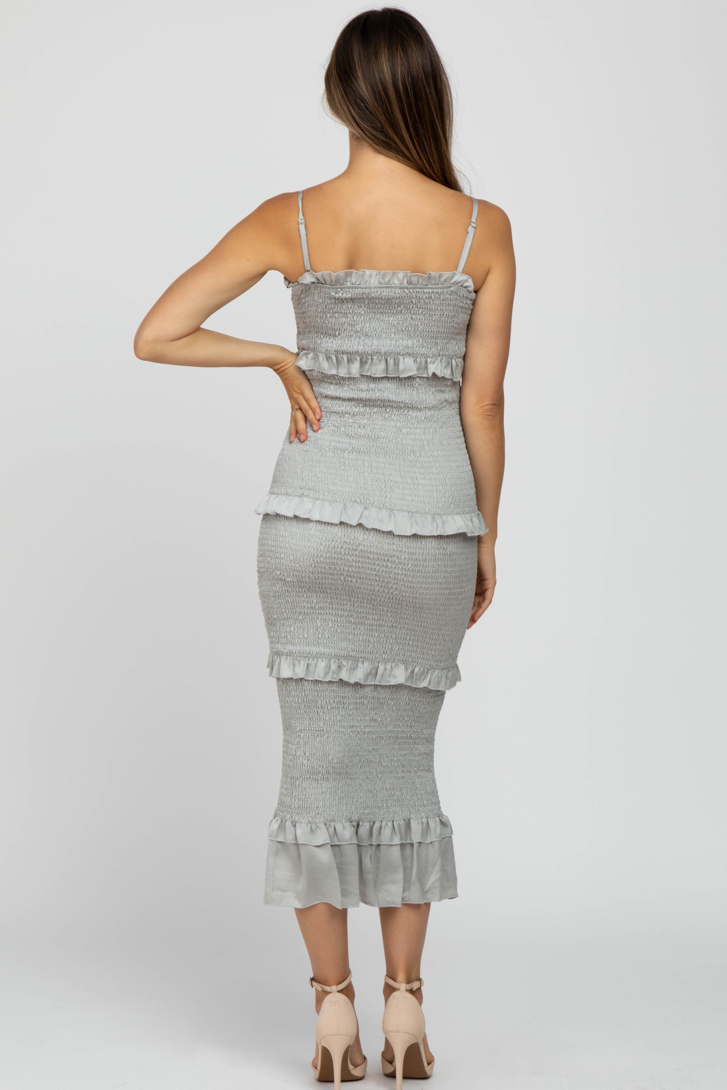 Sage Satin Smocked Fitted Maternity Midi Dress