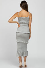 Sage Satin Smocked Fitted Maternity Midi Dress