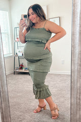 Olive Satin Smocked Fitted Maternity Midi Dress