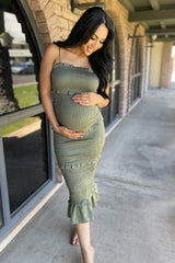 Olive Satin Smocked Fitted Maternity Midi Dress