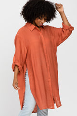 Rust Button Front Side Slit Oversized Blouse