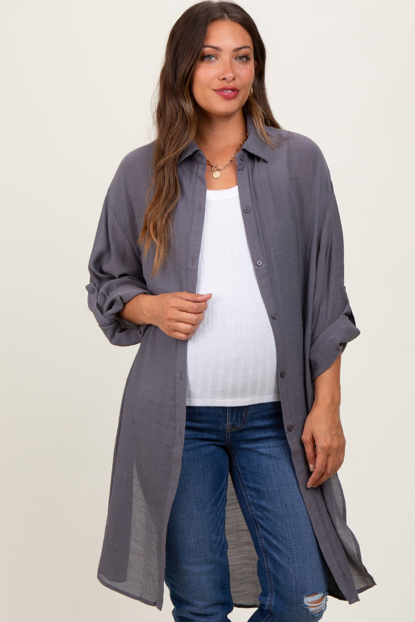 Charcoal Button Front Side Slit Oversized Maternity Blouse
