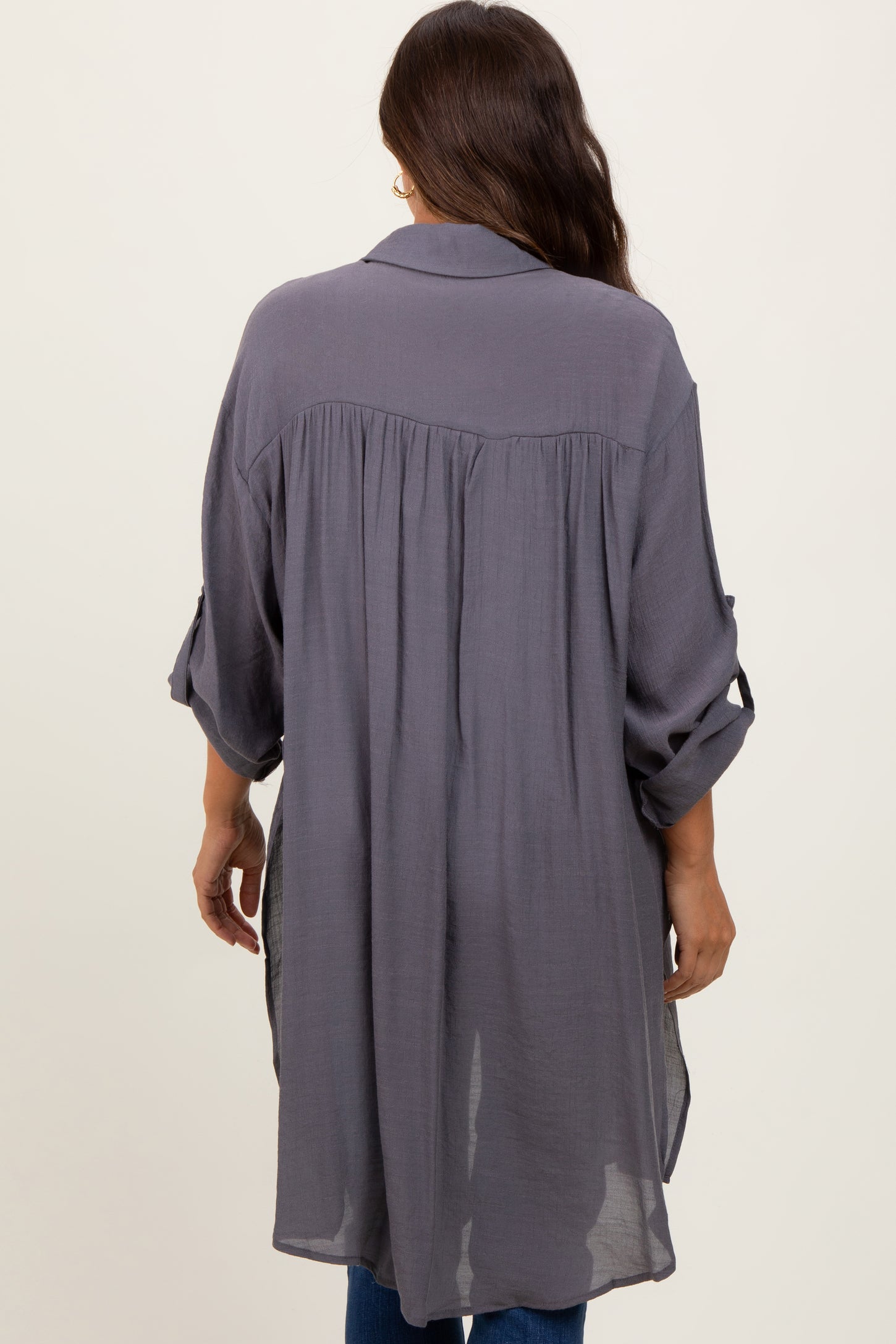 Charcoal Button Front Side Slit Oversized Maternity Blouse