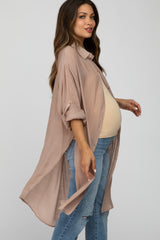 Taupe Button Front Side Slit Oversized Maternity Blouse