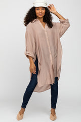 Taupe Button Front Side Slit Oversized Maternity Blouse