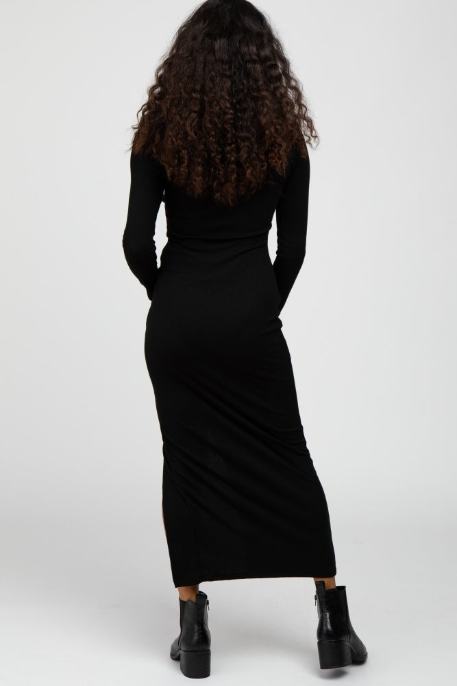 Black Ribbed Mock Neck Side Slit Maxi Dress