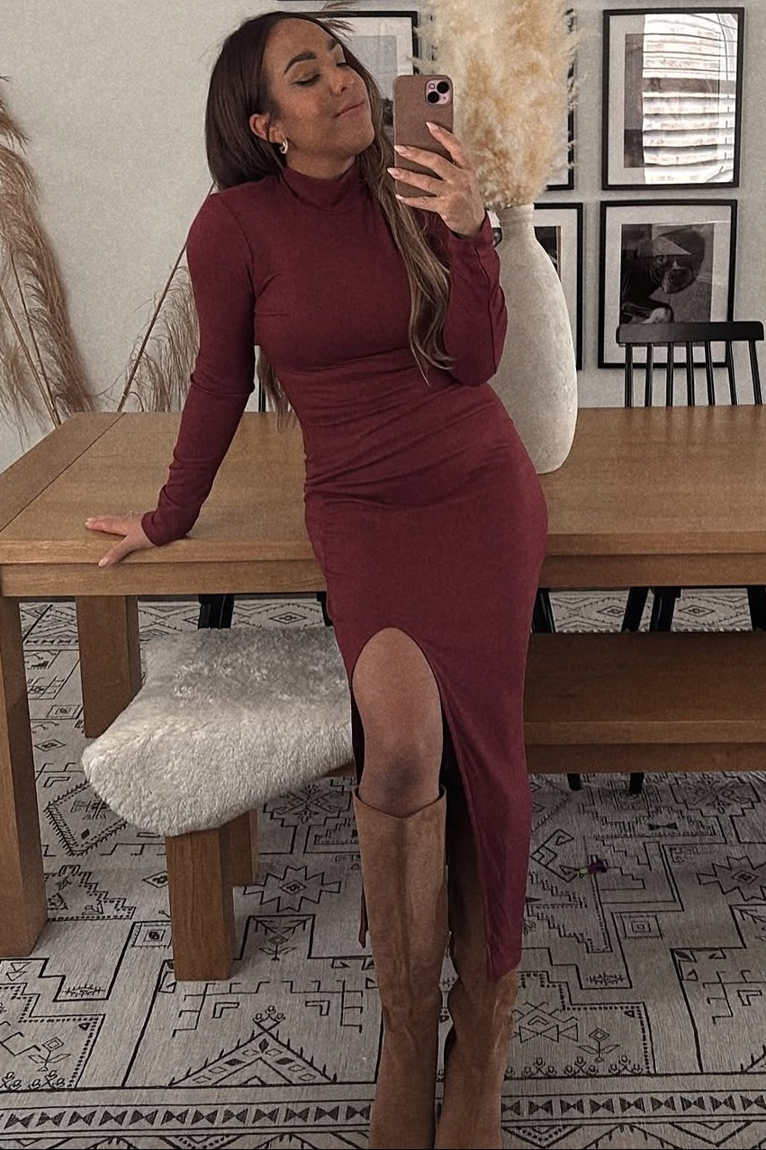 Burgundy Ribbed Mock Neck Side Slit Maxi Dress