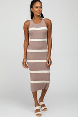 Taupe Striped Ribbed Midi Dress