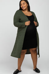 Olive Heathered Ribbed Side Slit Long Plus Maternity Cardigan