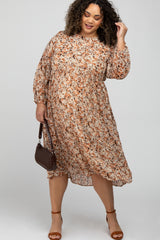Brown Floral Pleated Skirt Plus Maternity Midi Dress