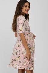 Light Pink Floral Waist Tie Maternity Dress