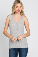 Heather Grey Ribbed Button Front Tank Top