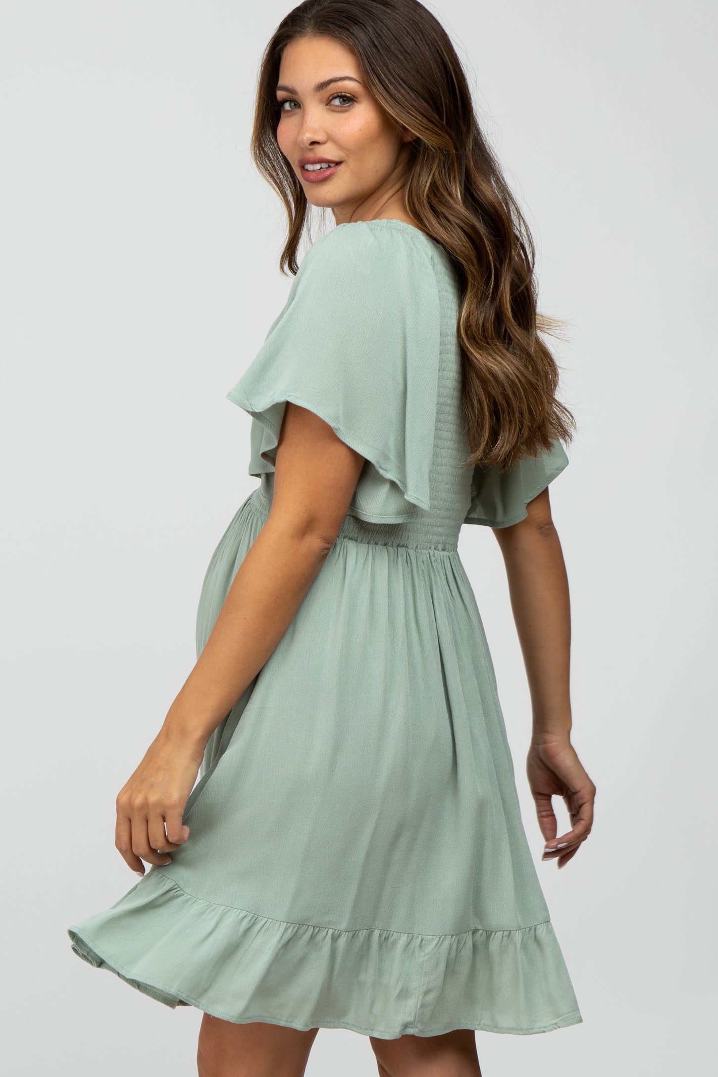 Mint Green Smocked Front Ruffle Hem Maternity Dress