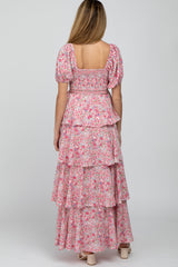 Pink Floral Square Neck Ruffle Layered Maternity Maxi Dress