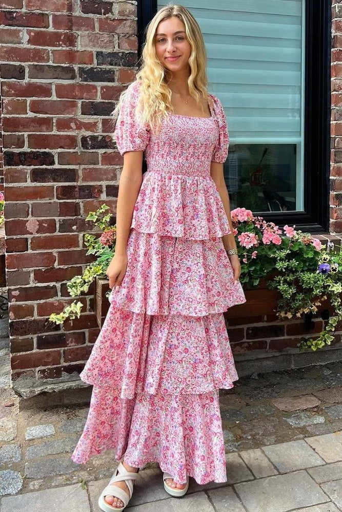 Pink Floral Square Neck Ruffle Layered Maternity Maxi Dress