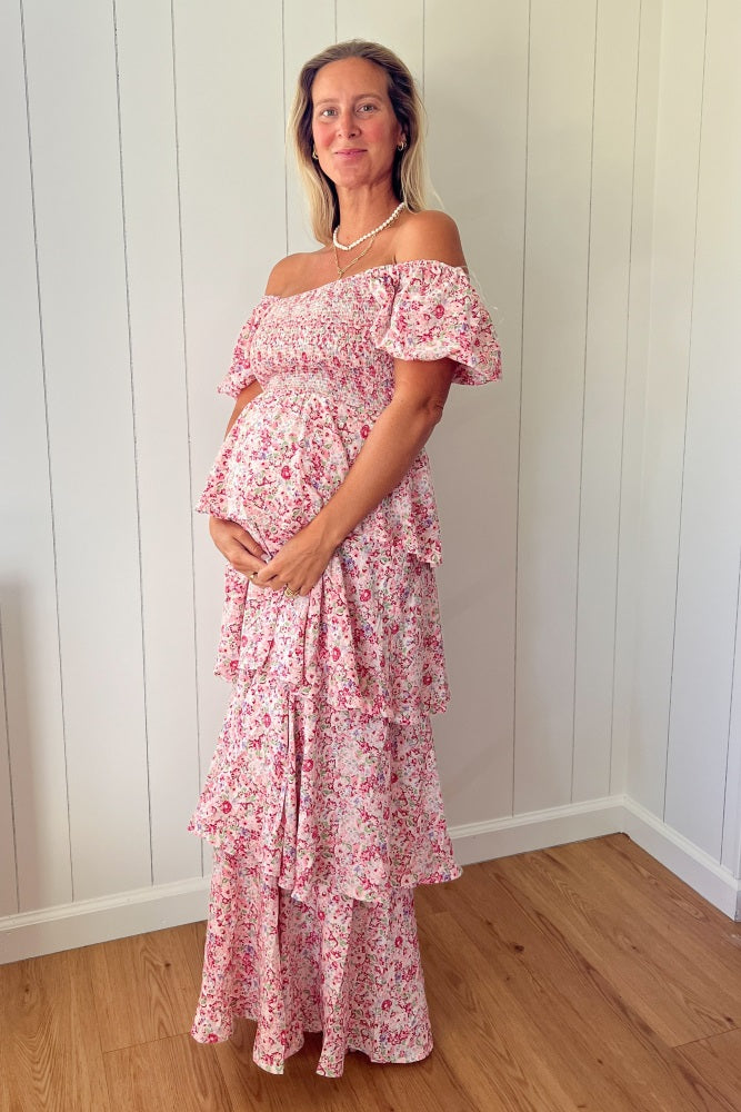 Pink Floral Square Neck Ruffle Layered Maternity Maxi Dress