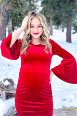 Red Velvet Ruched Bell Sleeve Maternity Dress