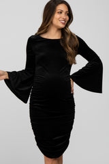 Black Velvet Ruched Bell Sleeve Maternity Dress