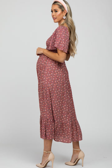 Mauve Floral Smocked Square Neck Maternity Midi Dress