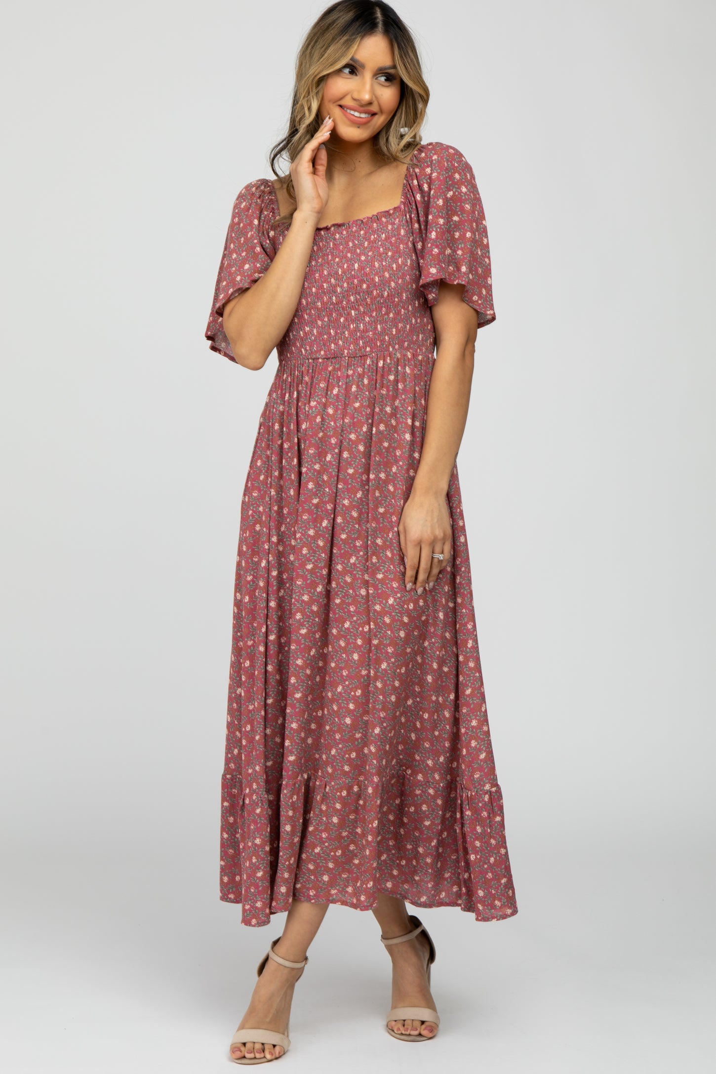 Mauve Floral Smocked Square Neck Maternity Midi Dress