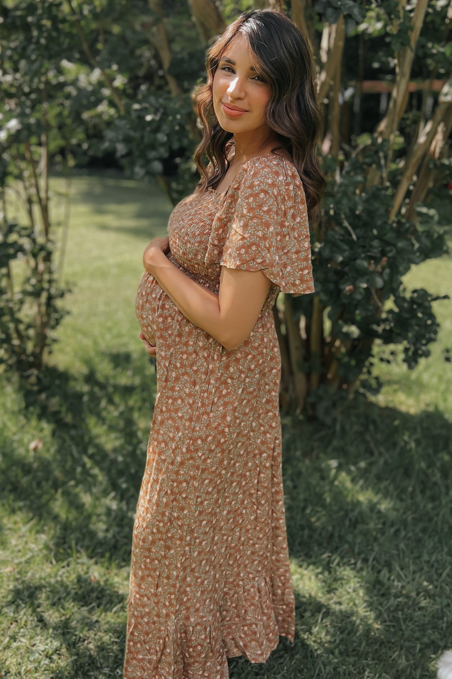 Camel Floral Smocked Square Neck Maternity Midi Dress