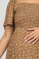 Camel Floral Smocked Square Neck Maternity Midi Dress