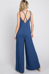 Blue Cross Back Wide Leg Jumpsuit