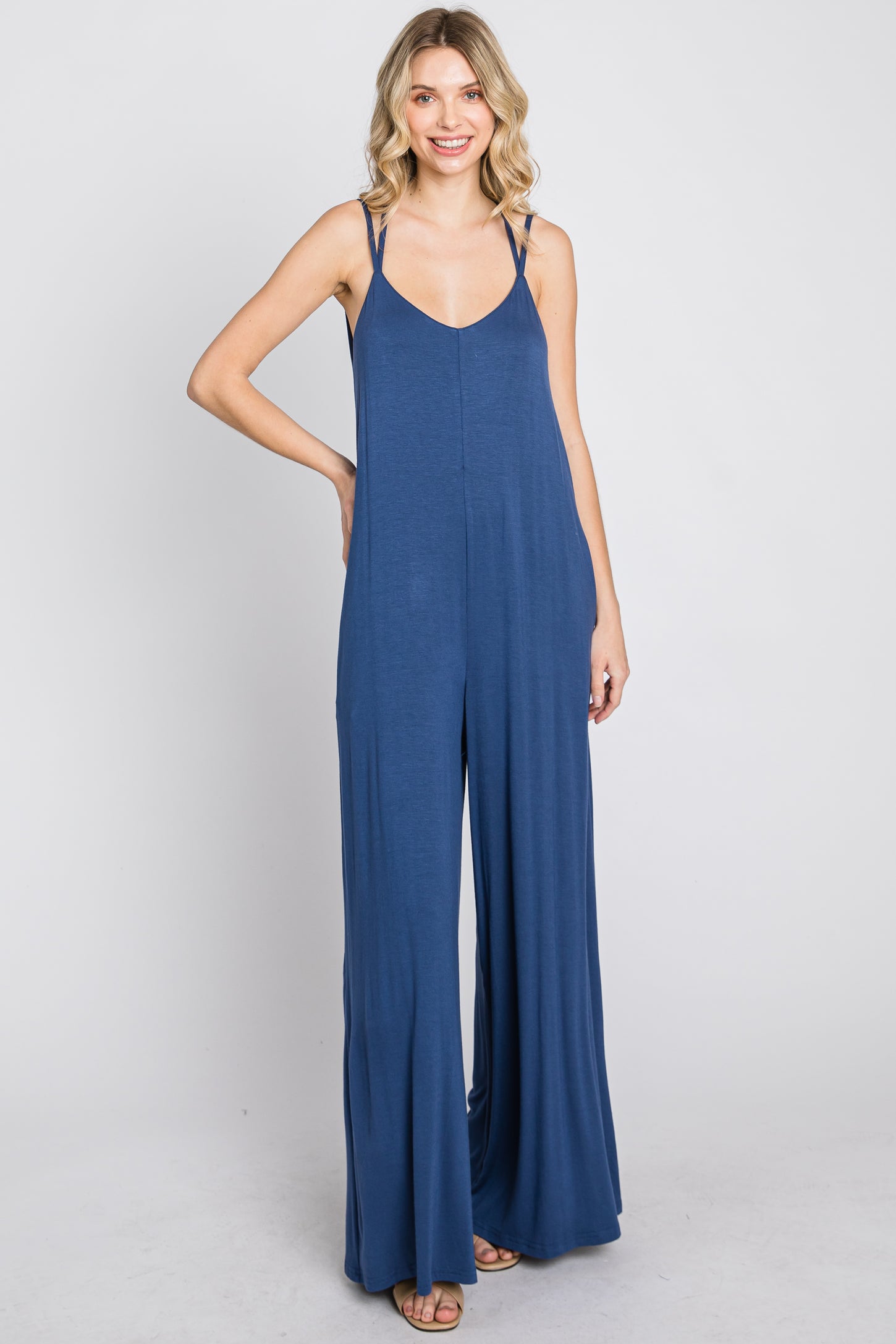 Blue Cross Back Wide Leg Jumpsuit