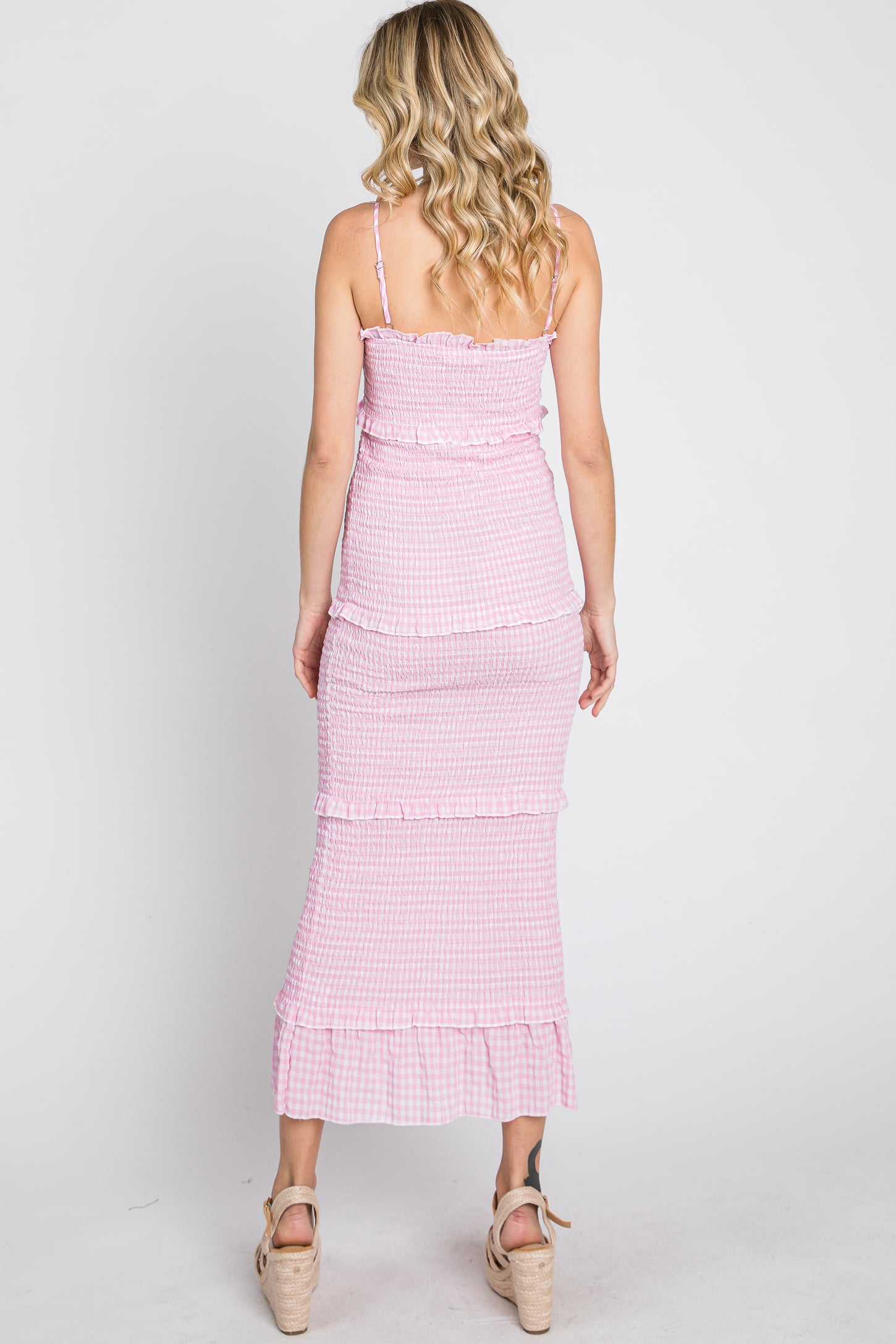 Pink Gingham Print Smocked Maxi Dress