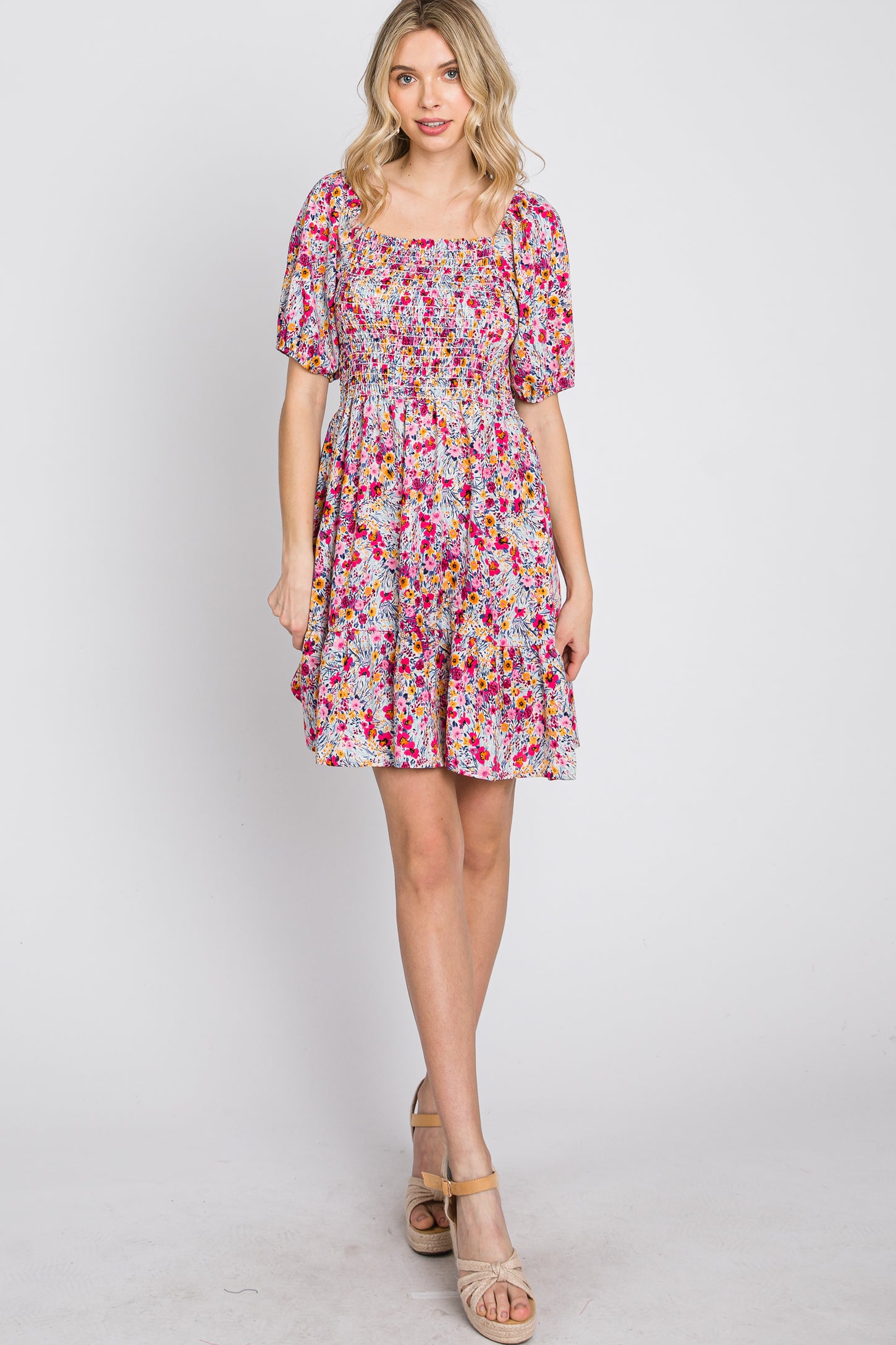 Fuchsia Floral Smocked Mini Dress