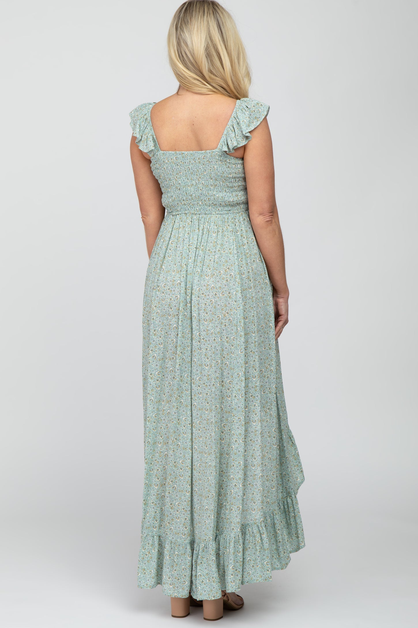 Sage Floral Smocked Hi-Low Maternity Maxi Dress