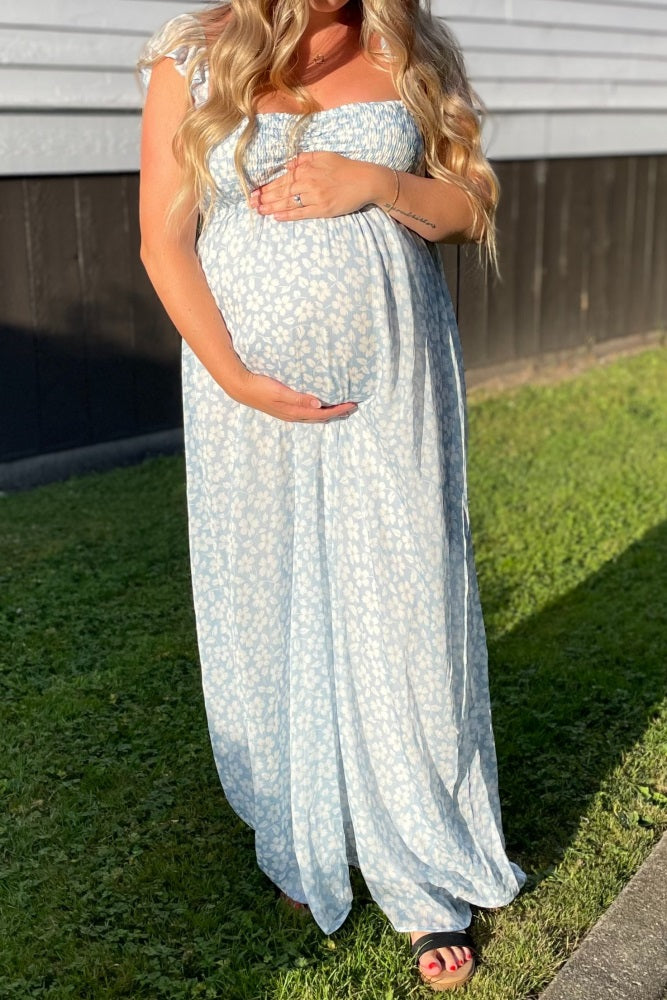 Light Blue Floral Chiffon Sweetheart Neck Off Shoulder Maternity Maxi Dress