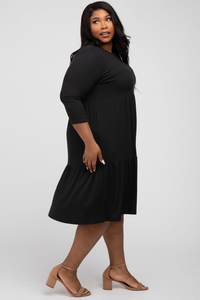 Black Tiered Ribbed 3/4 Sleeve Plus Midi Dress