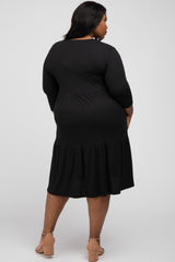 Black Tiered Ribbed 3/4 Sleeve Plus Midi Dress