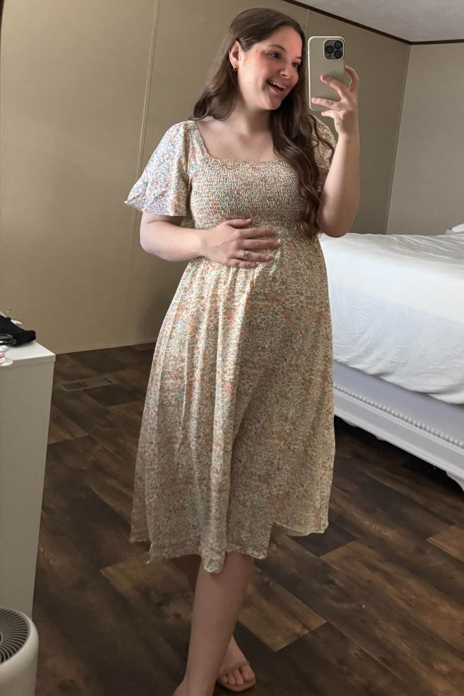 Cream Floral Smocked Square Neck Maternity Midi Dress