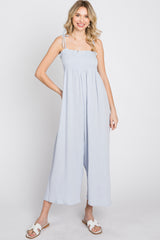 Light Blue Gauze Smocked Tie Strap Jumpsuit