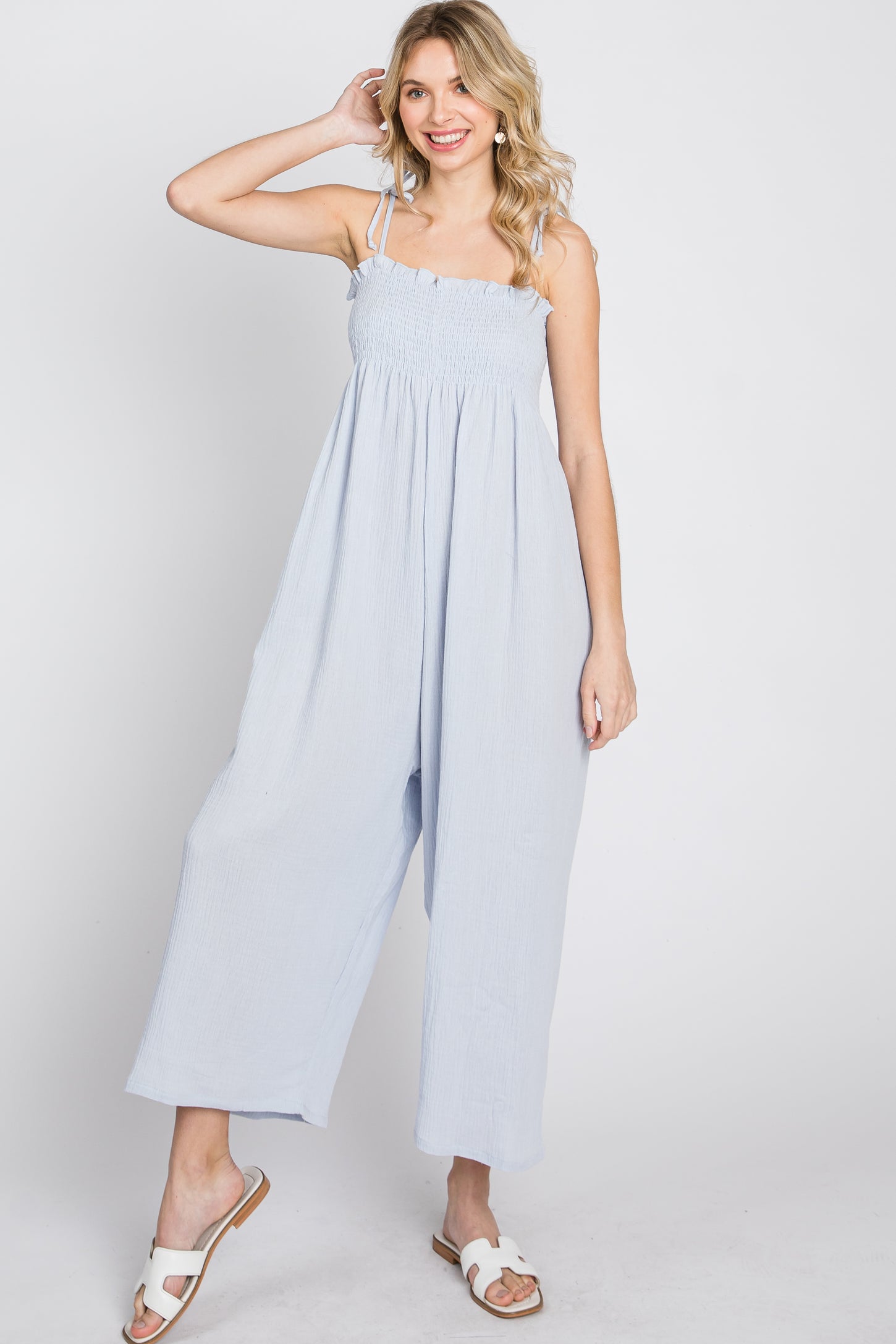 Light Blue Gauze Smocked Tie Strap Jumpsuit