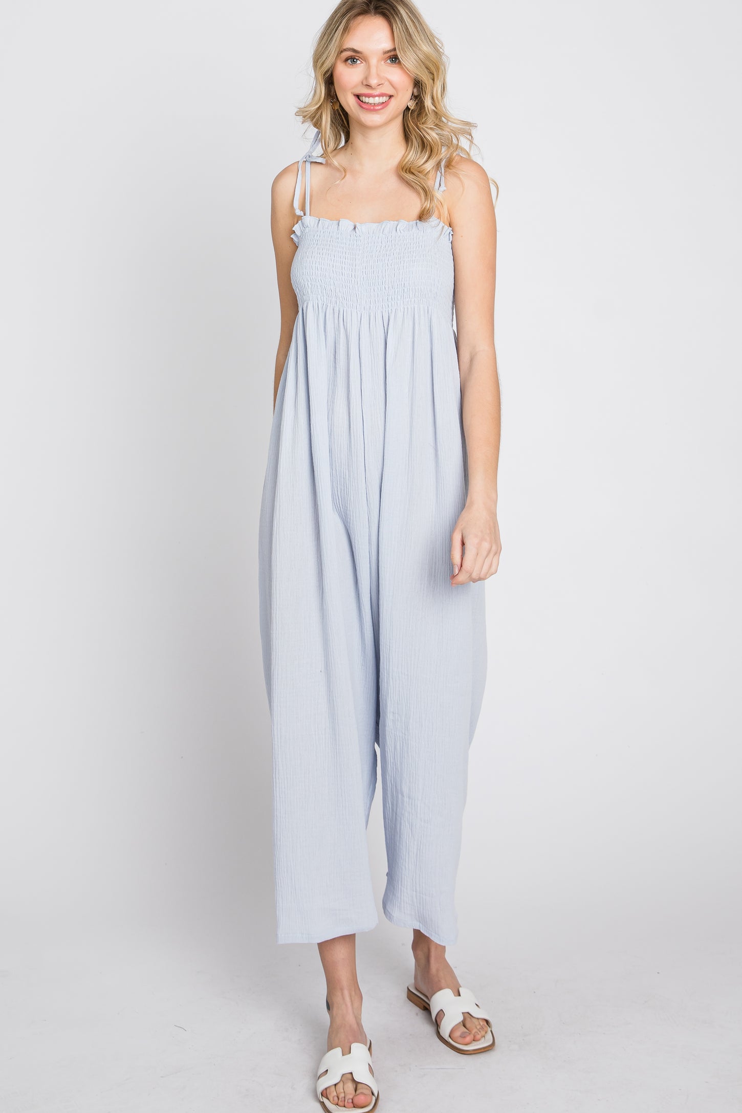 Light Blue Gauze Smocked Tie Strap Jumpsuit