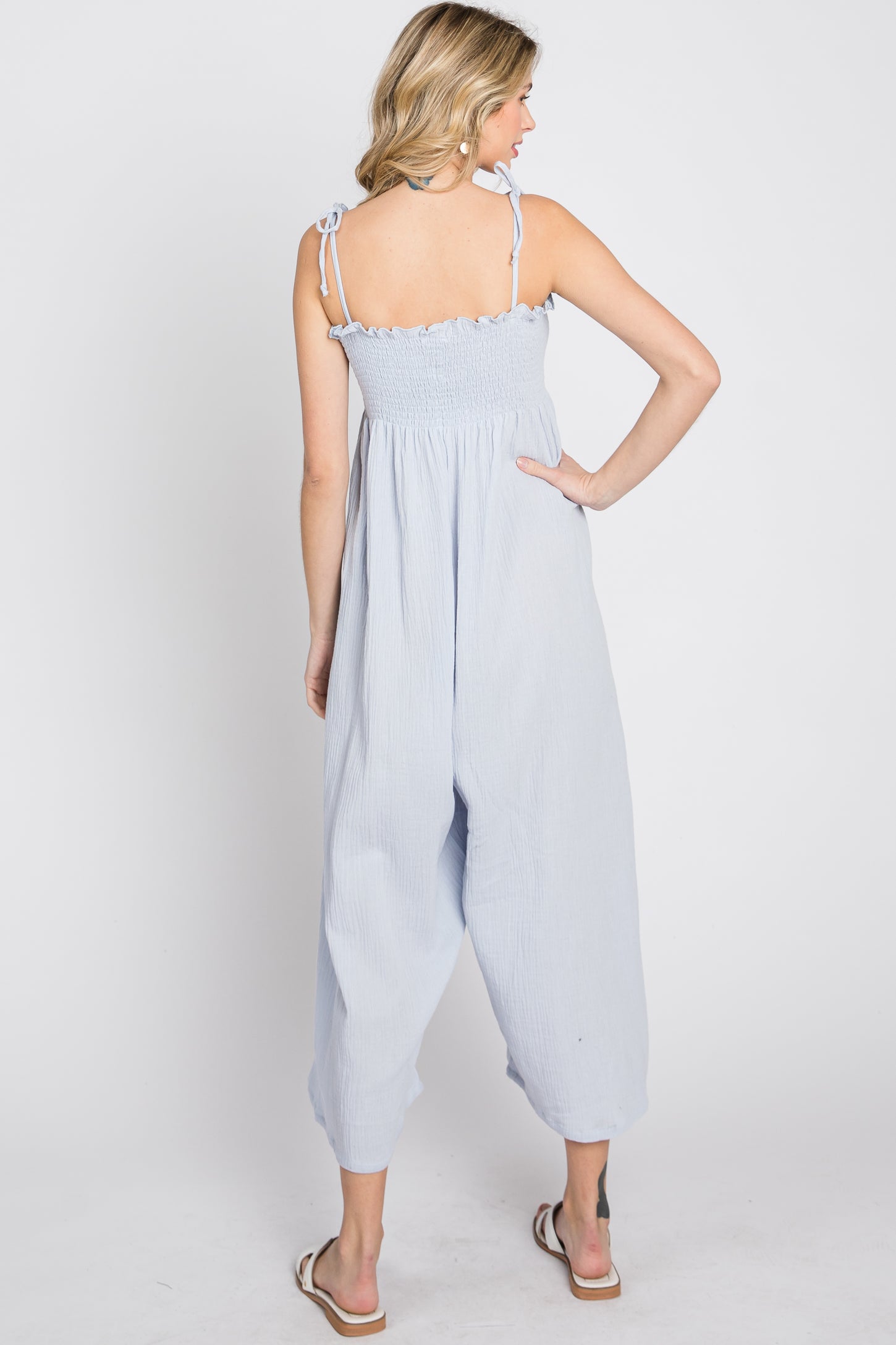 Light Blue Gauze Smocked Tie Strap Jumpsuit